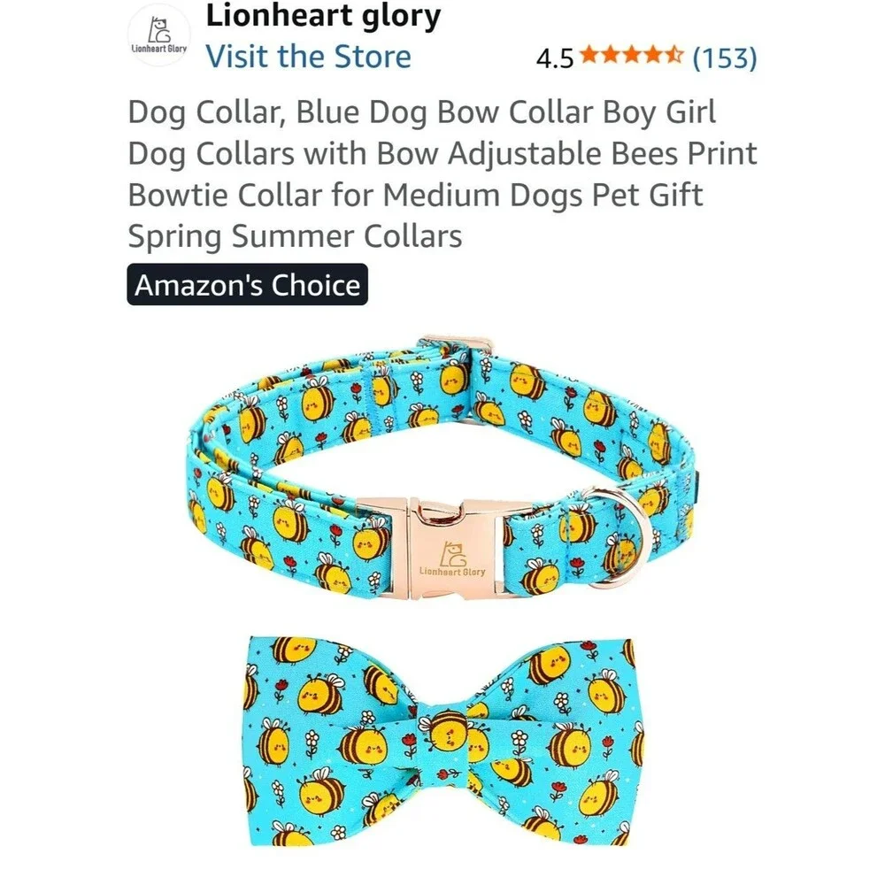 Lionheart Glory Bee Print Dog Collar Large w/ Removable Bow Tie Adjustable
